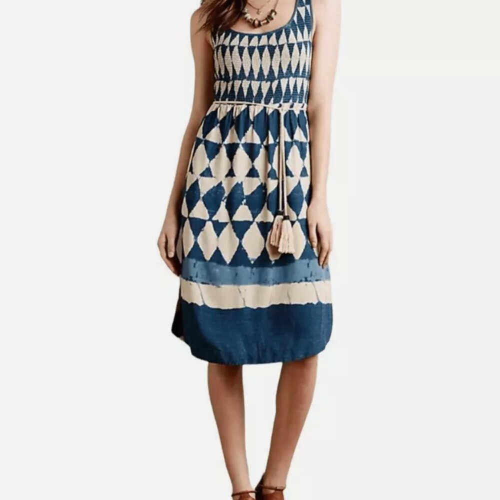 Maeve Dress Castalia Indigo Blue & Cream Tie Dye Smocked - Sz 6